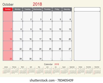 2018 Calendar Planner Design, October 2018 year vector calendar design