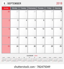 2018 Calendar Planner Design, September 2018 year vector calendar design