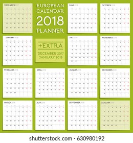 2018 Calendar Planner Design. Week starts from Monday. 
Extra two months. Smartly layered and grouped.
Month calendar template separated from background and square white sticker papers, sharp shadow.
