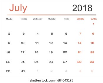 2018 Calendar Planner Design. Week Starts on Monday. Vector Illustration.  July.