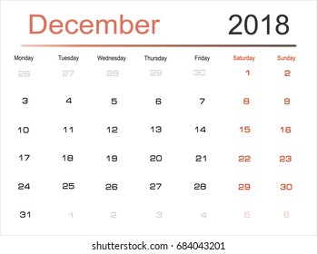 2018 Calendar Planner Design. Week Starts on Monday. Vector Illustration.  December.
