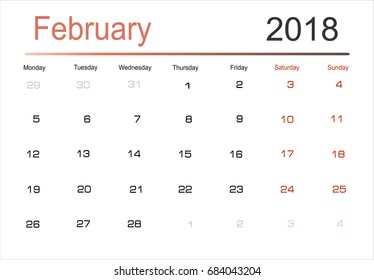 2018 Calendar Planner Design. Week Starts on Monday. Vector Illustration.  February.