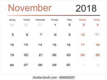 2018 Calendar Planner Design. Week Starts on Monday. Vector Illustration.  November