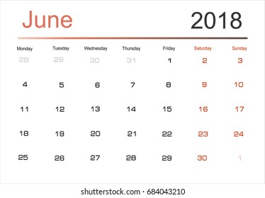 2018 Calendar Planner Design. Week Starts on Monday. Vector Illustration.  June.