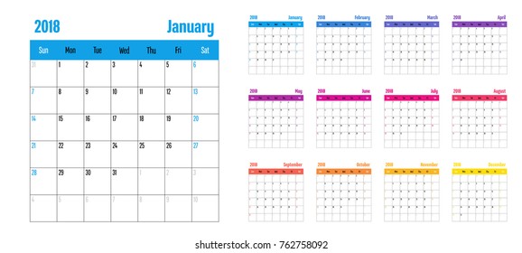 2018 Calendar Planner Memo Template Vector Illustration Simple Clear With CMYK Color Theme Week Start from Sunday