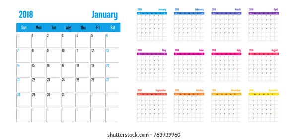 2018 Calendar Planner Memo Template Vector Illustration Simple Clear With CMYK Color Theme Week Start from Sunday