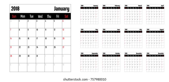 2018 Calendar Planner Memo Vector Illustration Simple Clear Week Start from Sunday