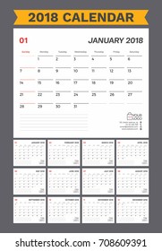 2018 Calendar planner. Simple Minimal Calendar Planner template design with week starting sunday