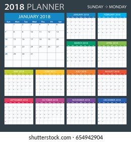 2018 calendar planner - Sunday to Monday