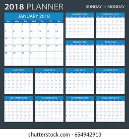 2018 calendar planner - Sunday to Monday