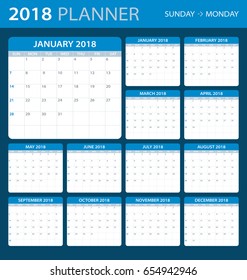 2018 calendar planner - Sunday to Monday