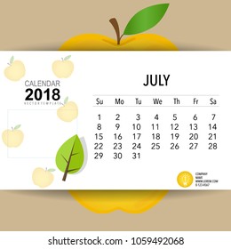 2018 Calendar planner vector design, monthly calendar template for July.
