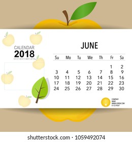 2018 Diseño vectorial del calendario, plantilla de calendario mensual para junio.