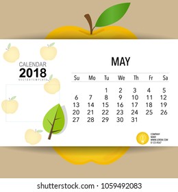 Diseño vectorial del calendario 2018, plantilla de calendario mensual para mayo.