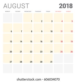2018 calendar planner vector design template. August. Week starts on Monday. Stationery design