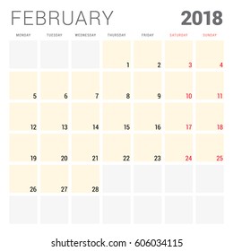 2018 calendar planner vector design template. February. Week starts on Monday. Stationery design