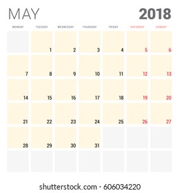 2018 calendar planner vector design template. May. Week starts on Monday. Stationery design