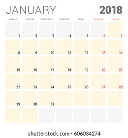 2018 calendar planner vector design template. January. Week starts on Monday. Stationery design