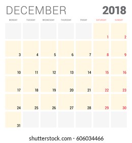 2018 calendar planner vector design template. December. Week starts on Monday. Stationery design