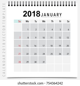 2018 Calendar planner vector design, monthly calendar template for January