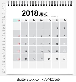 2018 Calendar planner vector design, monthly calendar template for June.