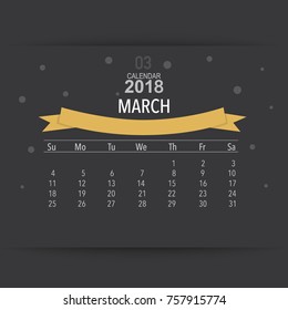 2018 Calendar planner vector design, monthly calendar template for March.