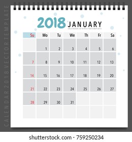 2018 Calendar planner vector design, monthly calendar template for January