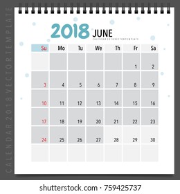 2018 Calendar planner vector design, monthly calendar template for June.