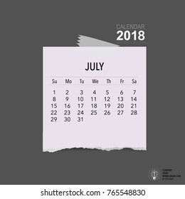 2018 Calendar planner vector design, monthly calendar template for July.