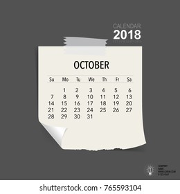 2018 Calendar planner vector design, monthly calendar template for October.