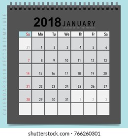 2018 Calendar planner vector design, monthly calendar template for January.