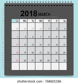 2018 Calendar planner vector design, monthly calendar template for March.