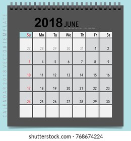 2018 Calendar planner vector design, monthly calendar template for June.