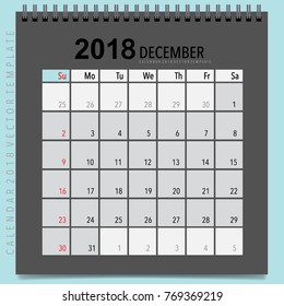 2018 Calendar planner vector design, monthly calendar template for December.