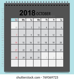2018 Calendar planner vector design, monthly calendar template for October.