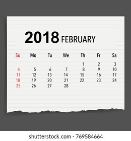2018 Calendar planner vector design, monthly calendar template for February.