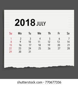 2018 Calendar planner vector design, monthly calendar template for July.