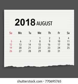 2018 Calendar planner vector design, monthly calendar template for August.