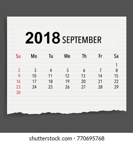 2018 Calendar planner vector design, monthly calendar template for September.