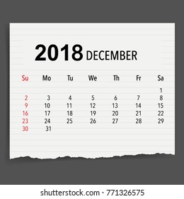 2018 Calendar planner vector design, monthly calendar template for December.