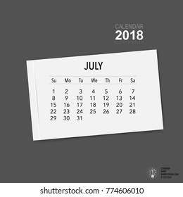 2018 Calendar planner vector design, monthly calendar template for July.