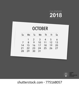2018 Calendar planner vector design, monthly calendar template for October.