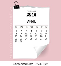 Diseño vectorial del calendario 2018, plantilla de calendario mensual para abril.