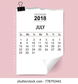 2018 Calendar planner vector design, monthly calendar template for July.