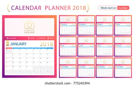 2018 calendar planner, week start on Sunday. Set of 12 months, corporate design planner template, size A4 printable calendar templates. Purple pink color.