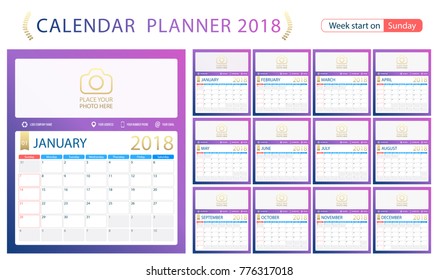 2018 calendar planner, week start on Sunday. Set of 12 months, corporate design planner template, size A4 printable calendar templates. Dark blue Violet color.