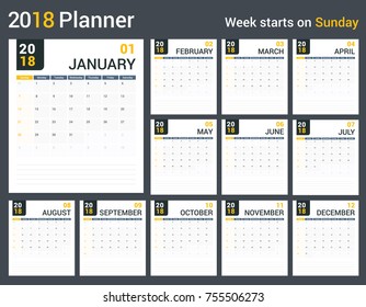 2018 Calendar - planner, week starts on Sunday, vector eps10 illustration