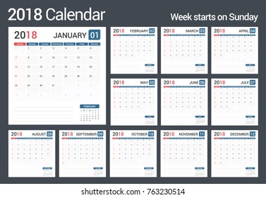 2018 Calendar - planner, week starts on Sunday, vector eps10 illustration