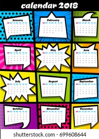2018 calendar pop art template. Comic book colored halftone background, funny text speech bubble, balloon. Business planer scheduler date, number, days week month year. Vector illustration design.