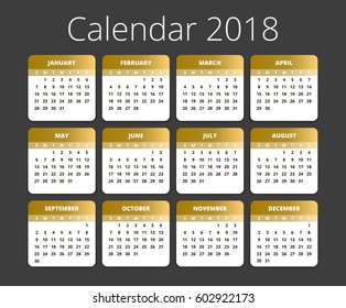 2018 Calendar. Print gold and black style Template. Week Starts Sunday. Vector illustration